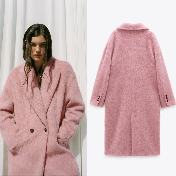 ZARA LIMITED EDITION BLOGGER FAVE Fuzzy Pink Wool Coat Alpaca Wool Trench Coat - Picture 9 of 16